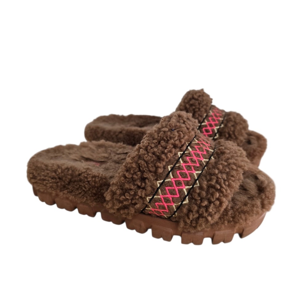 UGG Cozette Curly‎ Slides Chestnut Brown Pink Tasman Braid Shearling Slippers 5